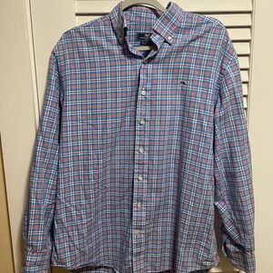 Vineyard Vines Men's Blue and Red Checkered Shirt